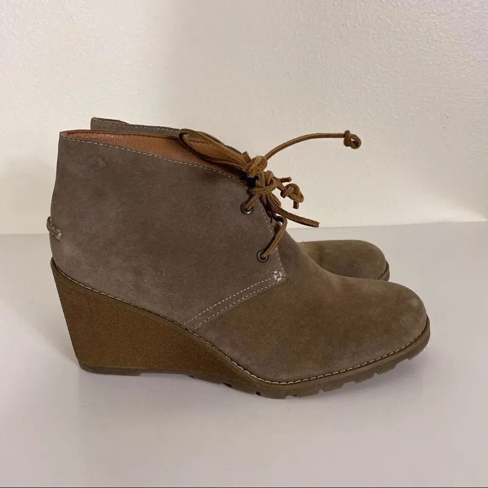 Sperry Top-Sider Tan Leather Lace‎ Up Wedge Booties size 9.5